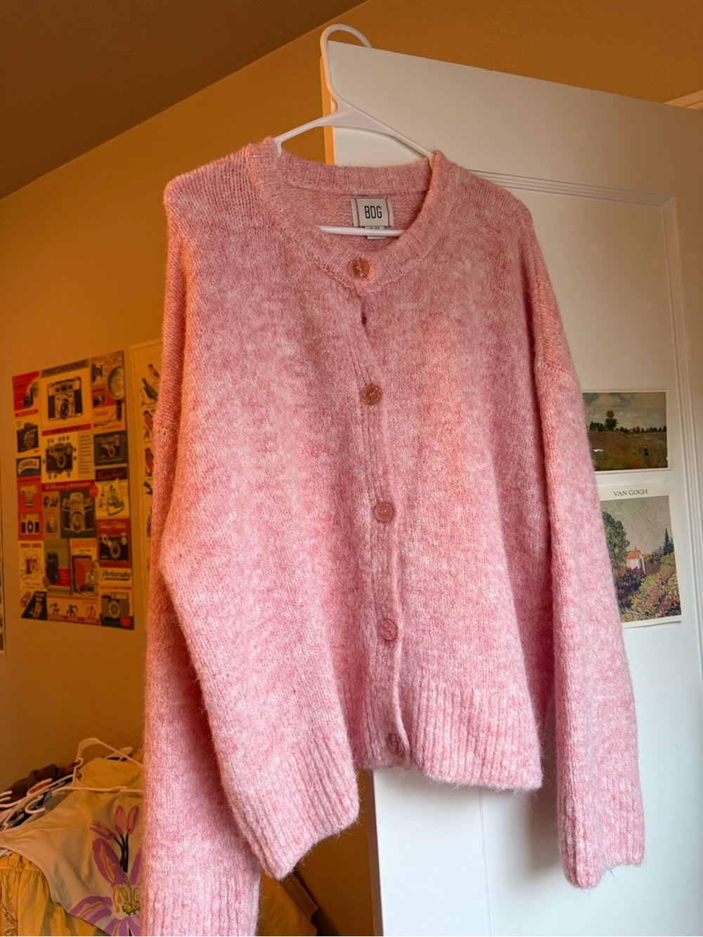 BDG Soft Pink Fuzzy Button-Front Cardigan